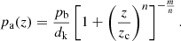 Mathematical equation: $$ \begin{aligned} p_{\rm a}(z)=\frac{p_{\rm b}}{d_{\rm k}}\left[1+ \left(\frac{z}{z_{\rm c}}\right)^n\right]^{-\frac{m}{n}}. \end{aligned} $$