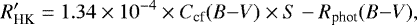 Mathematical equation: \begin{equation*} R' _{\textrm{HK}} = 1.34 \times 10^{-4} \times C_{\textrm{cf}}(B{-}V) \times S-R_{\textrm{phot}}(B{-}V), \end{equation*}