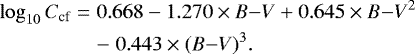Mathematical equation: \begin{eqnarray*} \log_{10}C_{\textrm{cf}} & = & 0.668 - 1.270 \times B{-}V + 0.645 \times B{-}V^{2} \nonumber\\ && - \;0.443 \times (B{-}V)^{3}. \end{eqnarray*}