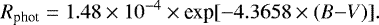 Mathematical equation: \begin{equation*} R_{\textrm{phot}} = 1.48 \times 10^{-4} \times {\textrm{exp}}[-4.3658 \times (B{-}V)]. \end{equation*}
