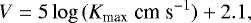 Mathematical equation: \begin{equation*} V = 5\log\,(K_{\textrm{max}} \;\textrm{cm} \;\textrm{s}^{-1}) + 2.1, \end{equation*}