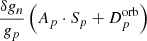 Mathematical equation: $ \frac{\delta g_{n}}{g_{p}} \left(A_{p}\cdot S_{p}+D^{\mathrm{orb}}_{p}\right) $
