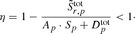 Mathematical equation: $$ \begin{aligned} \eta =1-\frac{{\tilde{S}}^{\mathrm{tot}}_{r,p}}{A_{p}\cdot S_{p}+D^{\mathrm{tot} }_{p}} < 1 \cdot \end{aligned} $$