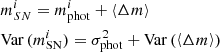 Mathematical equation: $$ \begin{aligned}&m_{SN}^i = m_{\rm phot}^i + \left\langle \Delta m \right\rangle \nonumber \\&\mathrm{Var}\, (m_{\rm SN}^i) = \sigma _{\rm phot}^2 + \mathrm{Var}\,(\left\langle \Delta m \right\rangle ) \end{aligned} $$