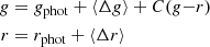 Mathematical equation: $$ \begin{aligned} g&= g_{\rm phot} + \left\langle \Delta g\right\rangle + C(g{-}r) \nonumber \\ r&= r_{\rm phot} + \left\langle \Delta r\right\rangle \end{aligned} $$