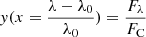Mathematical equation: $ y(x = \frac{\lambda -\lambda_0}{\lambda_0}) = \frac{F_\lambda}{F_{\mathrm{C}}} $