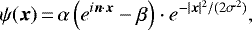 Mathematical equation: \begin{equation*}\psi(\boldsymbol{x})\,{=}\,\alpha \left( e^{i \boldsymbol{n}\cdot \boldsymbol{x}} - \beta \right) \cdot e^{- |\boldsymbol{x}|^2/(2 \sigma^2)}, \end{equation*}
