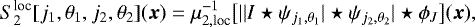 Mathematical equation: \begin{equation*} S^{\text{loc}}_2 [j_1,\theta_1,j_2,\theta_2] (\boldsymbol x) = \mu_{2,\text{loc}}^{-1} \big[ || I \star \psi_{j_1,\theta_1} | \star \psi_{j_2,\theta_2} |\star \phi_J \big] (\boldsymbol x), \end{equation*}