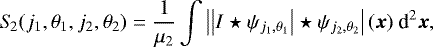 Mathematical equation: \begin{equation*}S\!_2 (j_1,\theta_1,j_2,\theta_2) = \frac{1}{\mu_2} \int \left| \left| I \star \psi_{j_1,\theta_1} \right| \star \psi_{j_2,\theta_2} \right| (\boldsymbol{x}) ~ \textrm{d}^2 \boldsymbol{x}, \end{equation*}