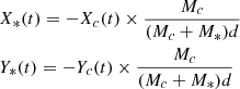 Mathematical equation: $$ \begin{aligned}&X_{*}(t)=-X_{c}(t)\times \frac{M_{c}}{(M_{c}+M_{*})d} \\&Y_{*}(t)=-Y_{c}(t)\times \frac{M_{c}}{(M_{c}+M_{*})d} \end{aligned} $$