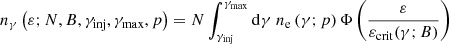 Mathematical equation: $$ \begin{aligned} n_{\gamma } \left(\varepsilon ; N, B, \gamma _{\mathrm{inj} }, \gamma _{\mathrm{max} }, p \right) = N \int _{\gamma _{\mathrm{inj} }}^{\gamma _{\mathrm{max} }} \mathrm{d} \gamma \; n_{\mathrm{e} } \left(\gamma ; p\right) \Phi \left(\frac{\varepsilon }{\varepsilon _{\mathrm{crit} }(\gamma ; B ) } \right) \end{aligned} $$