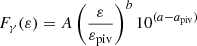 Mathematical equation: $$ \begin{aligned} F_{\gamma }(\varepsilon ) = A\left(\frac{\varepsilon }{\varepsilon _{\rm piv}}\right)^{b} 10^{(a-a_{\rm piv})} \end{aligned} $$