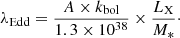 Mathematical equation: $$ \begin{aligned} \lambda _\mathrm{Edd} = \frac{A \times k_\mathrm{bol} }{1.3 \times 10^{38}} \times \frac{L_{\rm X}}{M_*}\cdot \end{aligned} $$