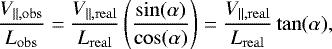 Mathematical equation: \begin{equation*}\frac{V_{\|,\mathrm{obs}}}{L_{\mathrm{obs}}} = \frac{V_{\|,\mathrm{real}}}{L_{\mathrm{real}}} \left(\frac{\sin(\alpha)}{\cos(\alpha)}\right) = \frac{V_{\|,\mathrm{real}}}{L_{\mathrm{real}}}\tan(\alpha), \end{equation*}