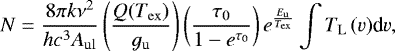 Mathematical equation: \begin{equation*}\centering N=\frac{8\pi k\nu^2}{hc^3A_{\mathrm{ul}}}\left(\frac{Q(T_{\mathrm{ex}})}{g_{\mathrm{u}}}\right)\left(\frac{\tau_{0}}{1-e^{\tau_{0}}}\right)e^{\frac{E_{\mathrm{u}}}{T_{\mathrm{ex}}}}\int T_{\mathrm{L}}\,(v)\textrm{d}v, \end{equation*}