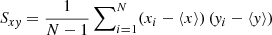 Mathematical equation: $ S_{x\mathit{y}} = \frac{1}{N-1}\sum\nolimits^N_{i=1} ( x_i - \langle x \rangle ) \, ( \mathit{y}_i - \langle \mathit{y} \rangle ) $