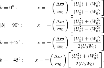 Mathematical equation: $$ \begin{aligned}&b=0^\circ : \quad&x= - \left(\frac{\Delta \varpi }{\varpi _0}\right) \left[ \frac{\langle U^2_0 \rangle + \langle W^2_0 \rangle }{\langle U^2_0 \rangle - \langle W^2_0 \rangle } \right] \nonumber \\&\vert b \vert =90^\circ : \qquad&x= + \left(\frac{\Delta \varpi }{\varpi _0}\right) \left[ \frac{\langle U^2_0 \rangle + \langle W^2_0 \rangle }{\langle U^2_0 \rangle - \langle W^2_0 \rangle } \right] \\&b=+45^\circ : \quad&x= \pm \left(\frac{\Delta \varpi }{\varpi _0}\right) \left[ \frac{\langle U^2_0 \rangle + \langle W^2_0 \rangle }{2\langle U_0 W_0 \rangle } \right] \nonumber \\&b=-45^\circ : \quad&x= \mp \left(\frac{\Delta \varpi }{\varpi _0}\right) \left[ \frac{\langle U^2_0 \rangle + \langle W^2_0 \rangle }{2\langle U_0 W_0 \rangle } \right] \nonumber . \end{aligned} $$