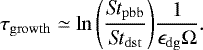 Mathematical equation: \begin{equation*}\tau_{\mathrm{growth}} \simeq \ln{\left(\frac{\textit{St}_{\mathrm{pbb}}}{\textit{St}_{\mathrm{dst}}}\right)} \frac{1}{\epsilon_{\mathrm{dg}} \Omega}. \end{equation*}