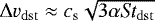 Mathematical equation: $\Delta v_{\mathrm{dst}} \approx c_{\textrm{s}} \sqrt{3 \alpha {\textit{St}}_{\mathrm{dst}}}$