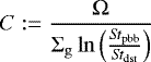 Mathematical equation: \begin{equation*} C := \frac{\Omega}{\Sigma_{\mathrm{g}}\ln{\left(\frac{\textit{St}_{\mathrm{pbb}}}{\textit{St}_{\mathrm{dst}}}\right)}} \end{equation*}