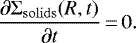 Mathematical equation: \begin{equation*} \frac{\partial\Sigma_{\mathrm{ {solids}}}(R,t)}{\partial t}\,{=}\,0. \end{equation*}