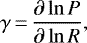 Mathematical equation: \begin{align*} \gamma\,{=}\,\frac{\partial \ln P}{\partial \ln R}, \end{align*}