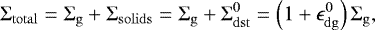 Mathematical equation: \begin{equation*}\Sigma_{\mathrm{total}} = \Sigma_{\mathrm{g}} + \Sigma_{\mathrm{solids}} = \Sigma_{\mathrm{g}} + \Sigma^0_{\mathrm{dst}} = \left(1+ \epsilon^0_{\mathrm{dg}}\right)\Sigma_{\mathrm{g}}, \end{equation*}