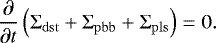 Mathematical equation: \begin{equation*} \frac{\partial}{\partial t} \left(\Sigma_{\mathrm{dst}} + \Sigma_{\mathrm{pbb}} + \Sigma_{\mathrm{pls}}\right) = 0. \end{equation*}