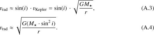 Mathematical equation: \begin{align*} v_{\mathrm{rad}} &\approx \sin(i) \, \cdot v_{\mathrm{Kepler}} = \sin(i) \, \cdot \sqrt{\frac{GM_{\star}}{r}}, \\ v_{\mathrm{rad}} &\approx \sqrt{\frac{G(M_{\star} \cdot \sin^2 i)}{r}}.\end{align*}