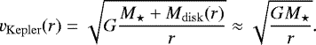 Mathematical equation: \begin{equation*} v_{\mathrm{Kepler}}(r) = \sqrt{G\frac{M_{\star}+M_{\mathrm{disk}}(r)}{r}} \approx \sqrt{\frac{GM_{\star}}{r}}.\end{equation*}