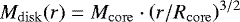 Mathematical equation: $M_{\mathrm{disk}}(r) = M_{\mathrm{core}}\cdot \left(r / R_{\mathrm{core}}\right)^{3/2}$
