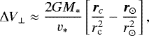 Mathematical equation: \begin{equation*} \Delta V_{\bot} \approx \frac{2GM_{*}}{v_{*}} \left[\frac{{\bm r}_{c}}{r_{\textrm{c}}^{2}} - \frac{{\bm r}_{\odot}}{r_{\odot}^{2}} \right],\end{equation*}