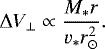Mathematical equation: \begin{equation*} \Delta V_{\bot} \propto \frac{M_{*}r}{v_{\mathrm{*}} {r_{\odot}^{2}}}.\end{equation*}