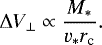 Mathematical equation: \begin{equation*} \Delta V_{\bot} \propto \frac{M_{*}}{v_{\mathrm{*}} {r_{\textrm{c}}}}.\end{equation*}