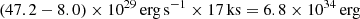 Mathematical equation: $$ \begin{aligned} (47.2-8.0)\times 10^{29}\,{\mathrm{erg\,s}}^{-1} \times 17\,{\mathrm{ks}} =6.8\times 10^{34}\,{\mathrm{erg}} \end{aligned} $$