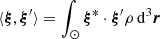 Mathematical equation: $$ \begin{aligned} \langle {\boldsymbol{\xi }},{\boldsymbol{\xi }}^{\prime }\rangle = \int _\odot {\boldsymbol{\xi }}^* \cdot {\boldsymbol{\xi }}^{\prime } \rho \, {\mathrm{d} }^3 {\boldsymbol{r}} \end{aligned} $$