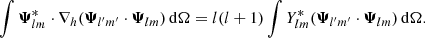 Mathematical equation: $$ \begin{aligned} \int {\boldsymbol{\Psi }}_{lm}^* \cdot \nabla _h ({\boldsymbol{\Psi }}_{l^{\prime }m^{\prime }} \cdot {\boldsymbol{\Psi }}_{lm}) \, {\mathrm{d} } \Omega = l(l+1) \int Y_{lm}^{*} ({\boldsymbol{\Psi }}_{l^{\prime }m^{\prime }} \cdot {\boldsymbol{\Psi }}_{lm}) \,{\mathrm{d} } \Omega . \end{aligned} $$