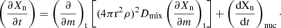 Mathematical equation: $$ \begin{aligned}&\left(\frac{\partial X_{\mathrm{n}}}{\partial t} \right)=\left(\frac{\partial }{\partial m }\right)_{\mathrm{t}} \left[ (4\pi \mathrm{r}^2\rho )^2 D _{\mathrm{mix}}\left( \frac{\partial {X_{\rm n}}}{\partial m}\right)_{\mathrm{t}} \right]+\left(\frac{\mathrm{dX_n}}{\mathrm{d}t}\right)_{\mathrm{nuc}}\cdot \end{aligned} $$