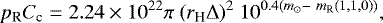 Mathematical equation: \begin{equation*} p_{\textrm{R}}C_{\textrm{c}} = 2.24\times10^{22}\pi~(r_{\textrm{H}}\Delta)^2~10^{0.4(m_{\odot} -~m_{\textrm{R}}(1, 1, 0))},\end{equation*}