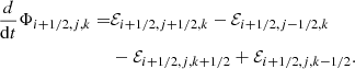Mathematical equation: $$ \begin{aligned} \frac{d}{\mathrm{d}t}\Phi _{i+1/2,j,k} =&\mathcal{E} _{i+1/2,j+1/2,k} - \mathcal{E} _{i+1/2,j-1/2,k}\\ \nonumber& - \mathcal{E} _{i+1/2,j,k+1/2} + \mathcal{E} _{i+1/2,j,k-1/2}. \end{aligned} $$