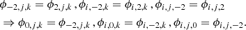 Mathematical equation: $$ \begin{aligned}&\phi _{-2,j,k}=\phi _{2,j,k}\,, \phi _{i,-2,k}=\phi _{i,2,k}\,, \phi _{i,j,-2}=\phi _{i,j,2} \nonumber \\&\Rightarrow \phi _{0,j,k}=\phi _{-2,j,k}\,, \phi _{i,0,k}=\phi _{i,-2,k}\,, \phi _{i,j,0}=\phi _{i,j,-2}. \end{aligned} $$
