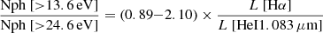 Mathematical equation: $$ \begin{aligned} \dfrac{\mathrm{Nph}~[{>}13.6\,\mathrm{eV}]}{\mathrm{Nph}~[{>}24.6\,\mathrm{eV}]} = (0.89{-}2.10) \times \dfrac{L~[\mathrm{H}\alpha ]}{L~[\mathrm{HeI}1.083\,\mu \mathrm{m}]} \end{aligned} $$