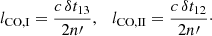 Mathematical equation: $$ \begin{aligned} l_\mathrm{CO,I}&= \frac{c\, \delta t_\mathrm{13} }{ 2 n\prime }, \quad l_\mathrm{CO,II} = \frac{c\, \delta t_\mathrm{12} }{ 2 n\prime }\cdot \end{aligned} $$