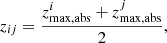 Mathematical equation: $$ \begin{aligned} z_{ij}=\frac{z_{\rm max,abs}^i+z_{\rm max,abs}^j}{2}, \end{aligned} $$