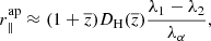Mathematical equation: $$ \begin{aligned} r_{\parallel }^\mathrm{ap} \approx (1+\overline{z})D_{\rm H}(\overline{z}) \frac{\lambda _1-\lambda _2}{\lambda _\alpha }, \end{aligned} $$