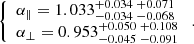 Mathematical equation: $$ \begin{aligned} \left\{ \begin{array}{ll} \alpha _\parallel =1.033^{+0.034}_{-0.034}\,^{+0.071}_{-0.068}\\ \alpha _\perp =0.953^{+0.050}_{-0.045}\,^{+0.108}_{-0.091} \end{array}\right.. \end{aligned} $$