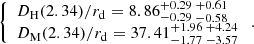 Mathematical equation: $$ \begin{aligned} \left\{ \begin{array}{ll} D_{\rm H}(2.34)/r_{\rm d}=8.86^{+0.29}_{-0.29}\,^{+0.61}_{-0.58}\\ D_{\rm M}(2.34)/r_{\rm d}=37.41^{+1.96}_{-1.77}\,^{+4.24}_{-3.57} \end{array}\right.. \end{aligned} $$