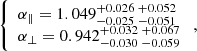 Mathematical equation: $$ \begin{aligned} \left\{ \begin{array}{ll} \alpha _{\parallel }=1.049^{+0.026}_{-0.025}\,^{+0.052}_{-0.051} \\ \alpha _{\perp }=0.942^{+0.032}_{-0.030}\,^{+0.067}_{-0.059} \end{array}\right., \end{aligned} $$