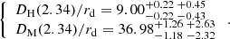 Mathematical equation: $$ \begin{aligned} \left\{ \begin{array}{ll} D_{\rm H}(2.34)/r_{\rm d}=9.00^{+0.22}_{-0.22}\,^{+0.45}_{-0.43} \\ D_{\rm M}(2.34)/r_{\rm d}=36.98^{+1.26}_{-1.18}\,^{+2.63}_{-2.32} \end{array}\right.. \end{aligned} $$