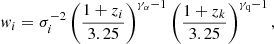 Mathematical equation: $$ \begin{aligned} { w}_{i} = \sigma _{i}^{-2}\left(\frac{1+z_{i}}{3.25}\right)^{\gamma _{\alpha }-1}\left(\frac{1+z_{k}}{3.25}\right)^{\gamma _{\rm q}-1}, \end{aligned} $$